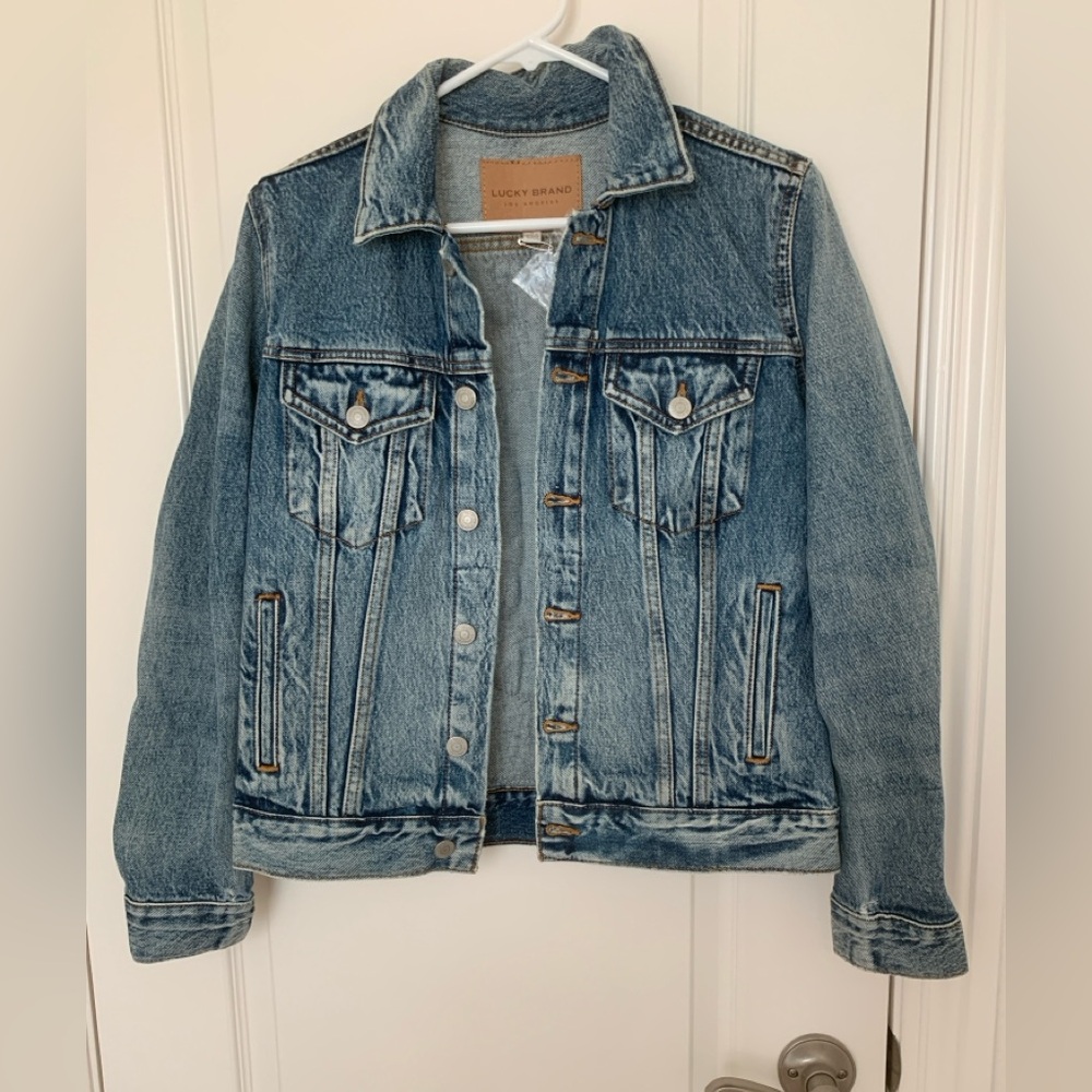 Lucky Brand Tomboy Trucker Denim Jacket Boho Mud Cloth Evil Eye M - Picture 14 of 16